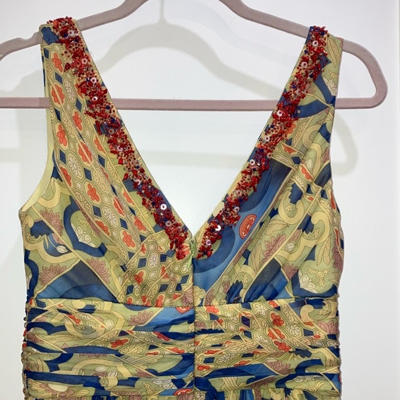 Kay Unger size 6 SILK Blue and Tan Ruched A-Line Midi dress - NWT but FLAWED - Picture 11 of 16